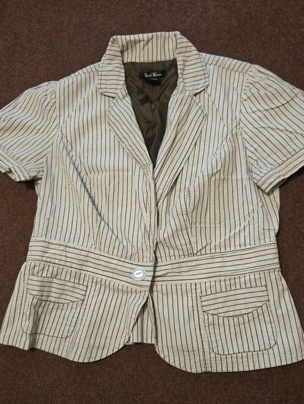 Stoosh Woman Prinstripe Blazer Short Sleeve 1X Y2k Style Brown Tan And Cream